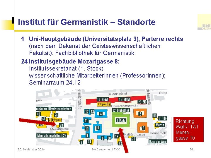 Institut für Germanistik – Standorte 1 Uni-Hauptgebäude (Universitätsplatz 3), Parterre rechts (nach dem Dekanat