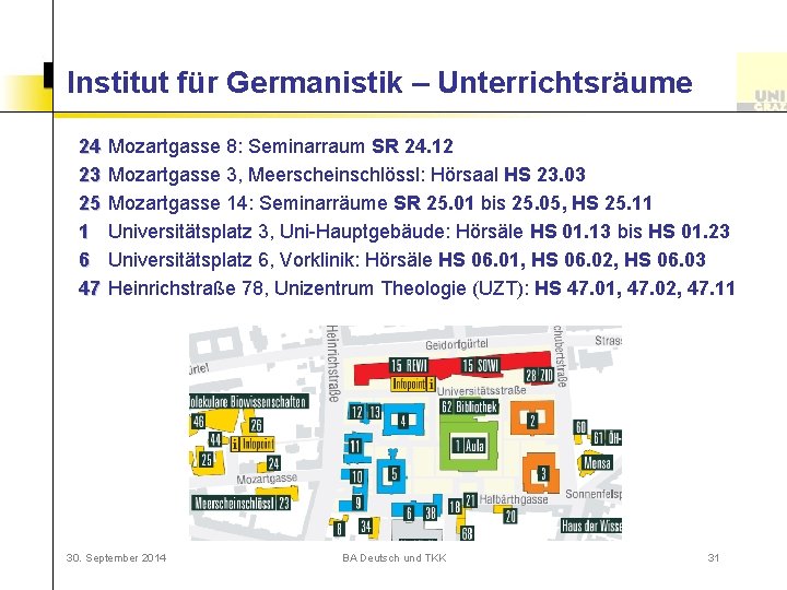 Institut für Germanistik – Unterrichtsräume 24 23 25 1 6 47 Mozartgasse 8: Seminarraum