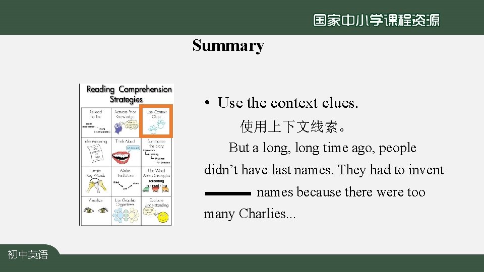 Summary • Use the context clues. 使用上下文线索。 But a long, long time ago, people