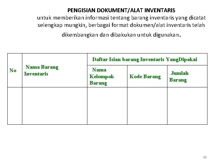 PENGISIAN DOKUMENT/ALAT INVENTARIS untuk memberikan informasi tentang barang inventaris yang dicatat selengkap mungkin, berbagai