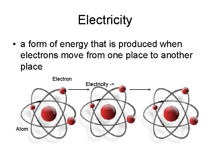 Electricity • a form of energy that is produced when electrons move from one