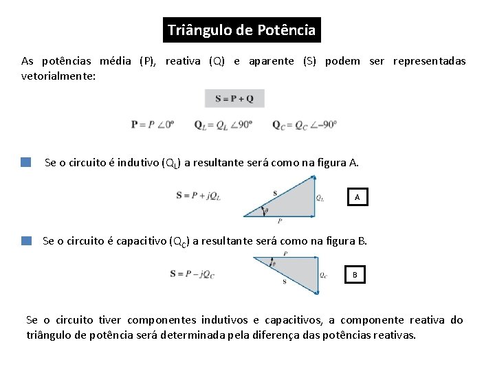 Triângulo de Potência As potências média (P), reativa (Q) e aparente (S) podem ser