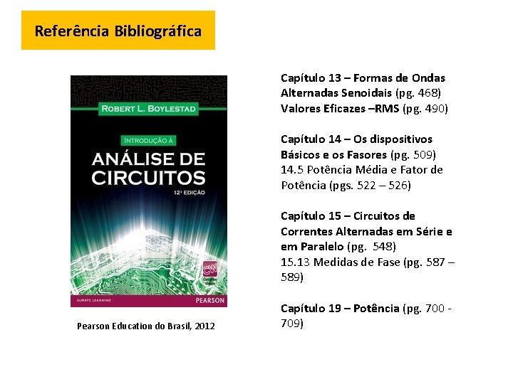 Referência Bibliográfica Capítulo 13 – Formas de Ondas Alternadas Senoidais (pg. 468) Valores Eficazes