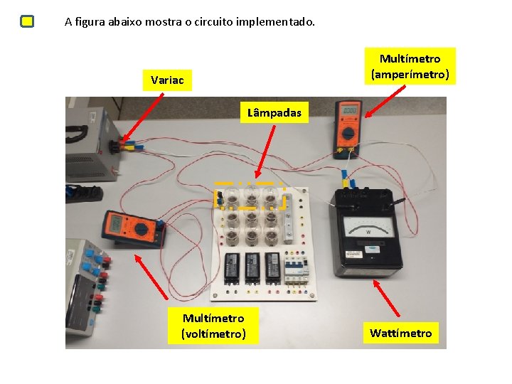 A figura abaixo mostra o circuito implementado. Multímetro (amperímetro) Variac Lâmpadas Multímetro (voltímetro) Wattímetro