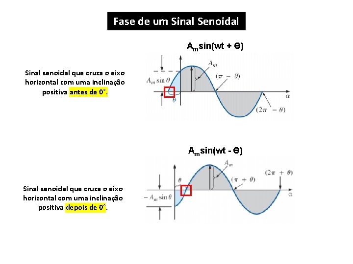 Fase de um Sinal Senoidal Amsin(wt + Ɵ) Sinal senoidal que cruza o eixo