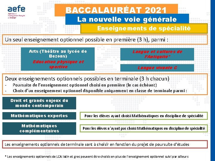 BACCALAURÉAT 2021 La nouvelle voie générale Enseignements de spécialité Un seul enseignement optionnel possible