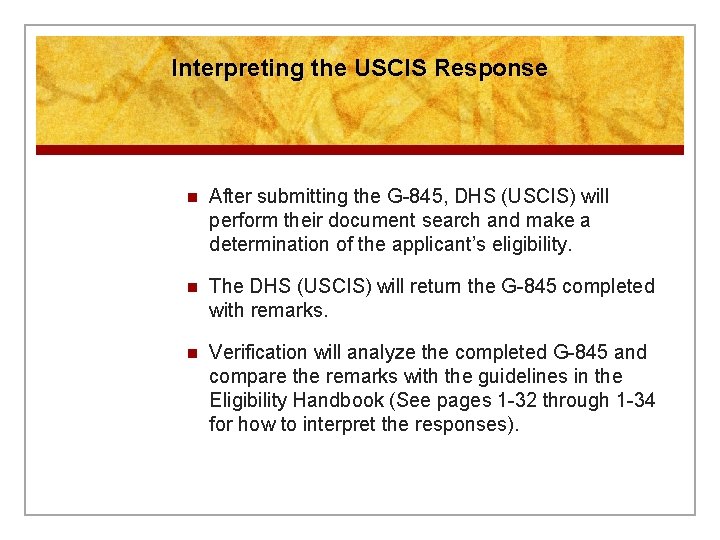 Interpreting the USCIS Response n After submitting the G-845, DHS (USCIS) will perform their