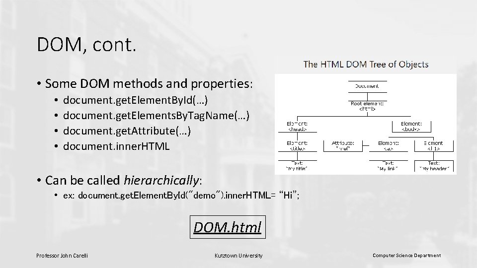 DOM, cont. • Some DOM methods and properties: • • document. get. Element. By.
