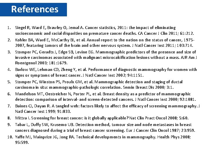 References 1. Siegel R, Ward E, Brawley O, Jemal A. Cancer statistics, 2011: the