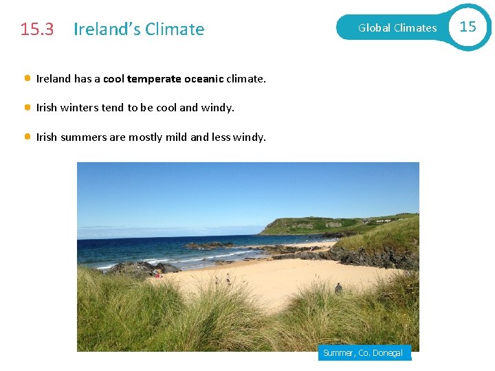 15. 3 Ireland’s Climate Global Climates Ireland has a cool temperate oceanic climate. Irish