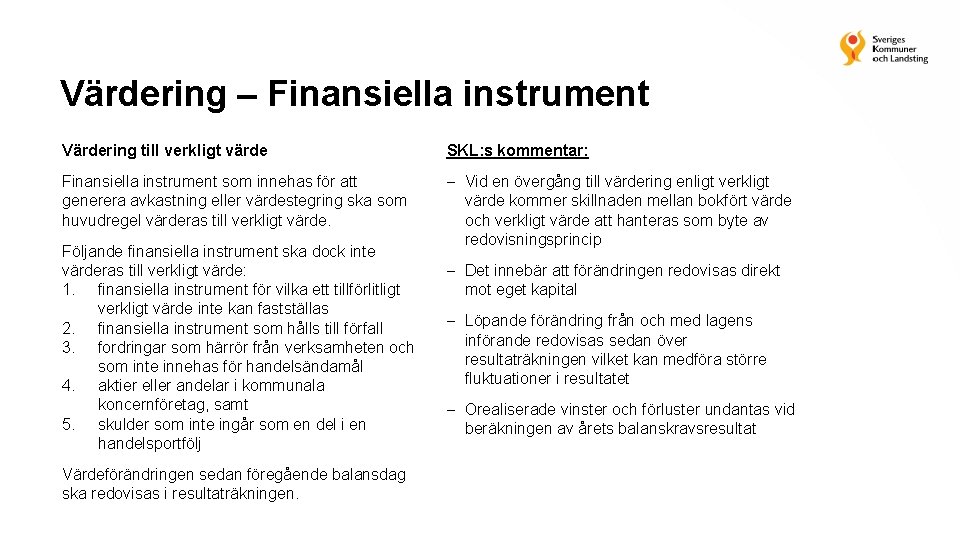 Värdering – Finansiella instrument Värdering till verkligt värde SKL: s kommentar: Finansiella instrument som