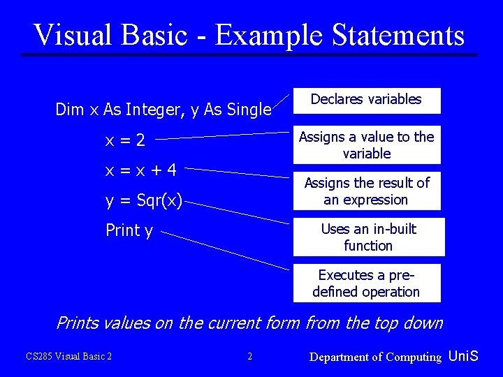 Visual Basic - Example Statements Dim x As Integer, y As Single Declares variables Visual Basic - Example Statements Dim x As Integer, y As Single Declares variables