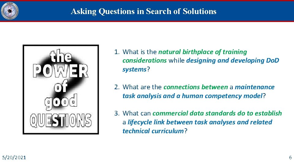 Asking Questions in Search of Solutions 1. What is the natural birthplace of training