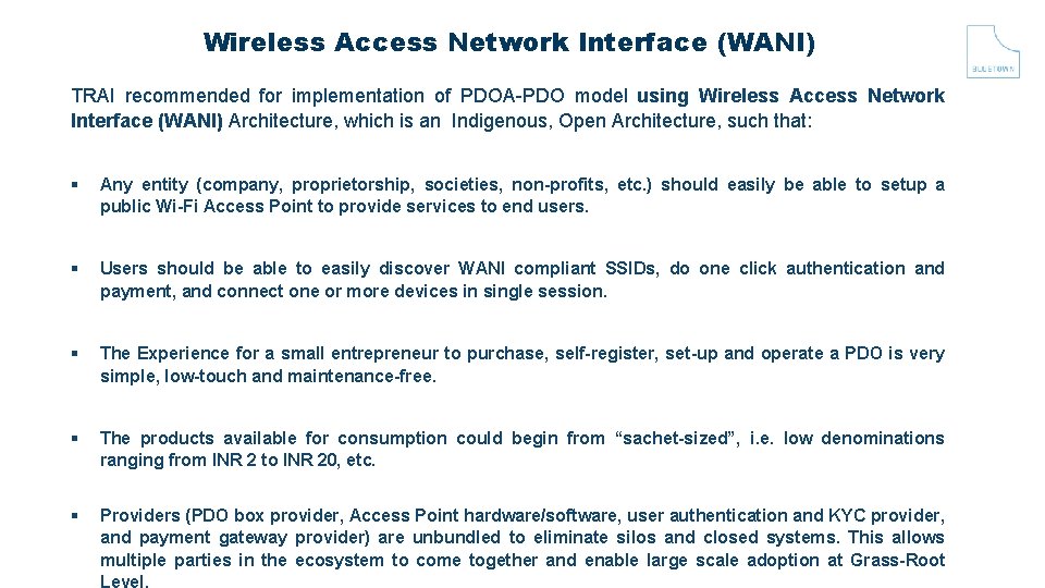 Wireless Access Network Interface (WANI) TRAI recommended for implementation of PDOA-PDO model using Wireless