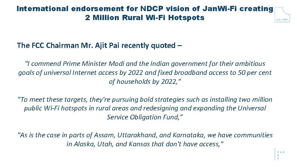 International endorsement for NDCP vision of Jan. Wi-Fi creating 2 Million Rural Wi-Fi Hotspots