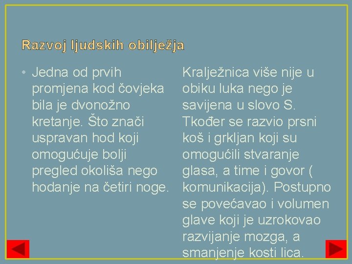 Razvoj ljudskih obilježja • Jedna od prvih promjena kod čovjeka bila je dvonožno kretanje.