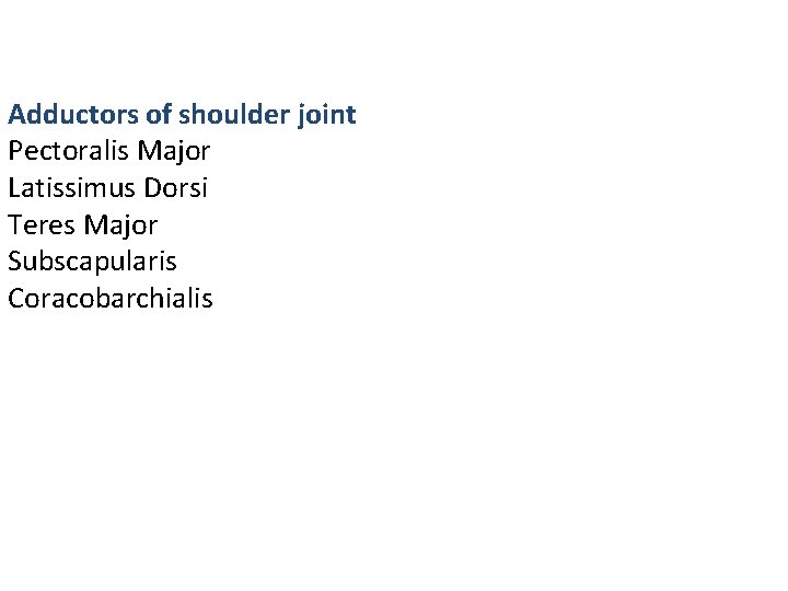 Adductors of shoulder joint Pectoralis Major Latissimus Dorsi Teres Major Subscapularis Coracobarchialis 