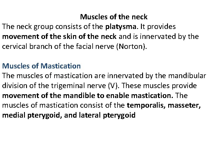 Muscles of the neck The neck group consists of the platysma. It provides movement