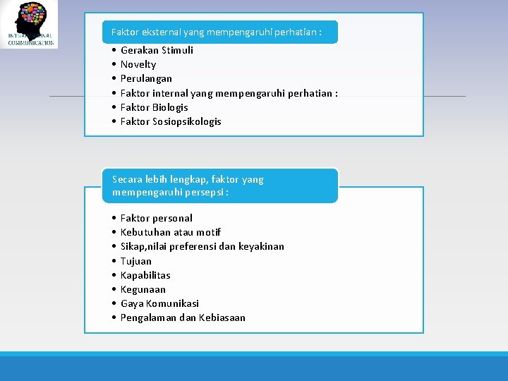 eksternal yang mempengaruhi perhatian : • Faktor Intensitas Stimuli • Gerakan Stimuli • Novelty