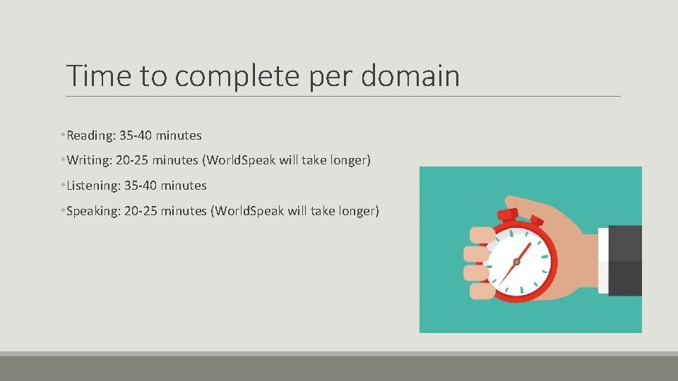 Time to complete per domain • Reading: 35 -40 minutes • Writing: 20 -25