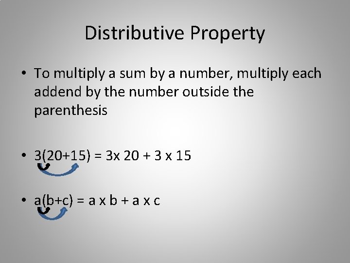 Distributive Property • To multiply a sum by a number, multiply each addend by