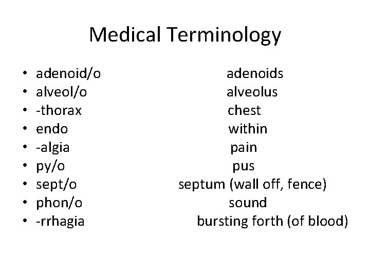 Medical Terminology • • • adenoid/o alveol/o -thorax endo -algia py/o sept/o phon/o -rrhagia Medical Terminology • • • adenoid/o alveol/o -thorax endo -algia py/o sept/o phon/o -rrhagia