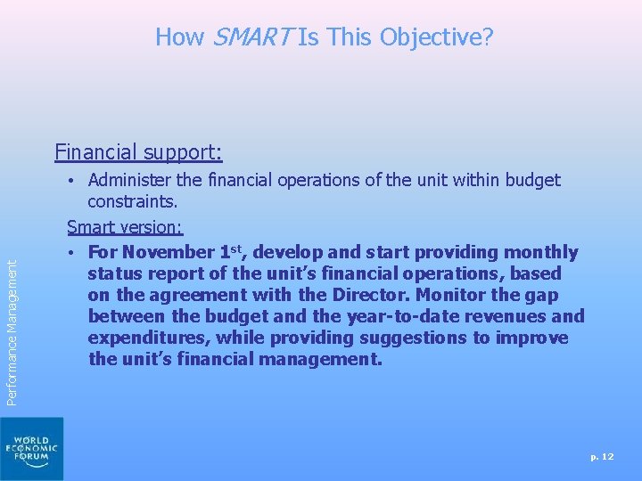 How SMART Is This Objective? Performance Management Financial support: • Administer the financial operations