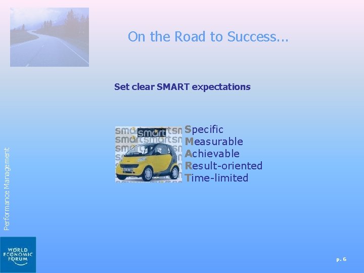 On the Road to Success. . . Performance Management Set clear SMART expectations Specific