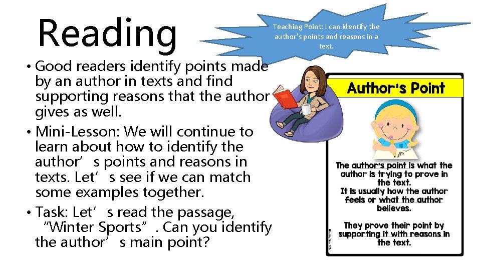 Reading • Good readers identify points made by an author in texts and find