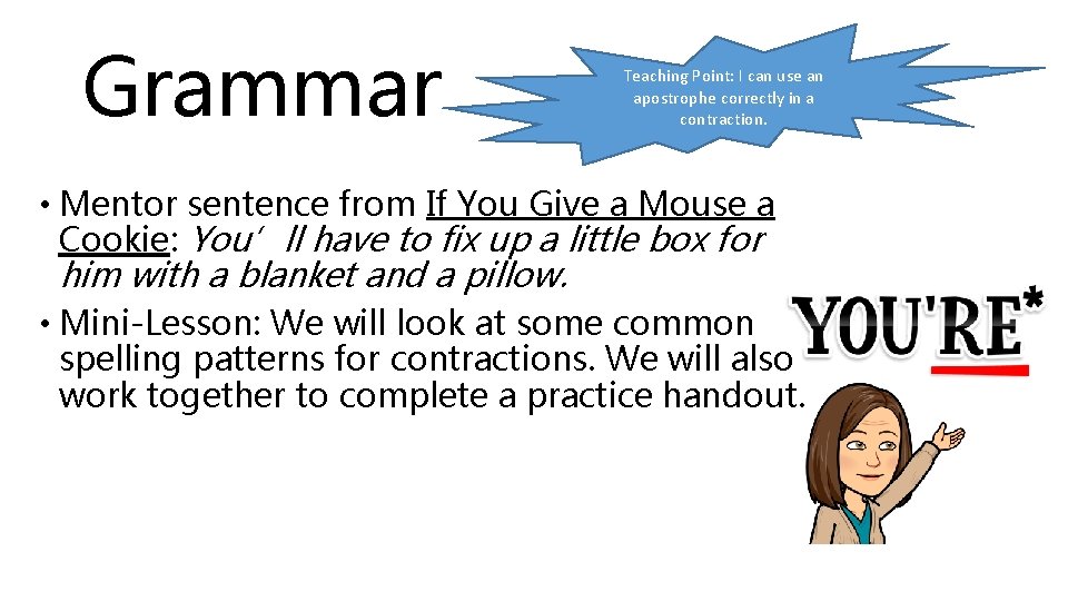 Grammar Teaching Point: I can use an apostrophe correctly in a contraction. • Mentor
