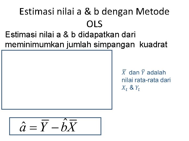 Estimasi nilai a & b dengan Metode OLS Estimasi nilai a & b didapatkan