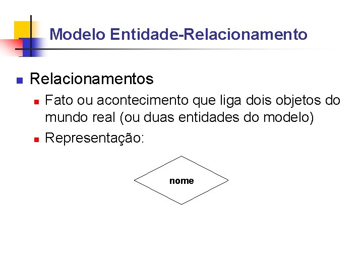 Modelo Entidade-Relacionamento Relacionamentos Fato ou acontecimento que liga dois objetos do mundo real (ou