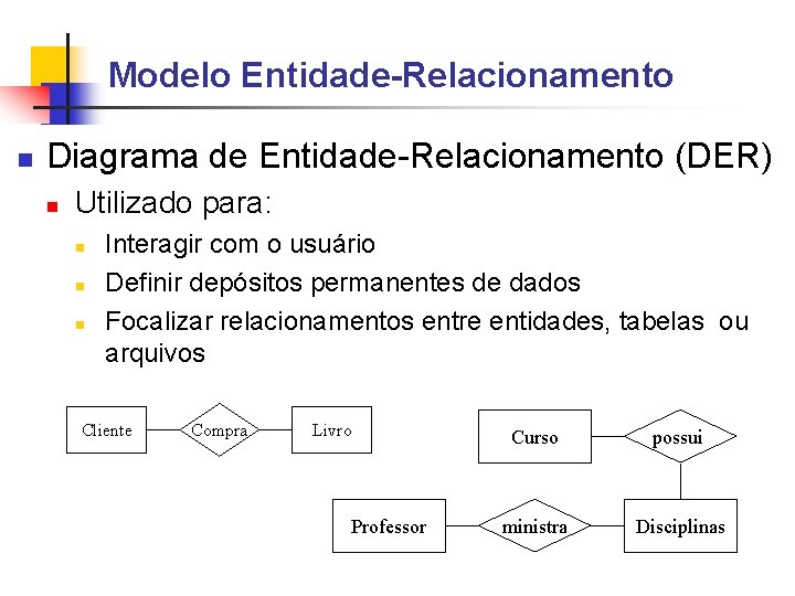 Modelo Entidade-Relacionamento Diagrama de Entidade-Relacionamento (DER) Utilizado para: Interagir com o usuário Definir depósitos