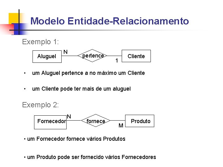 Modelo Entidade-Relacionamento Exemplo 1: Aluguel N pertence Cliente 1 • um Aluguel pertence a