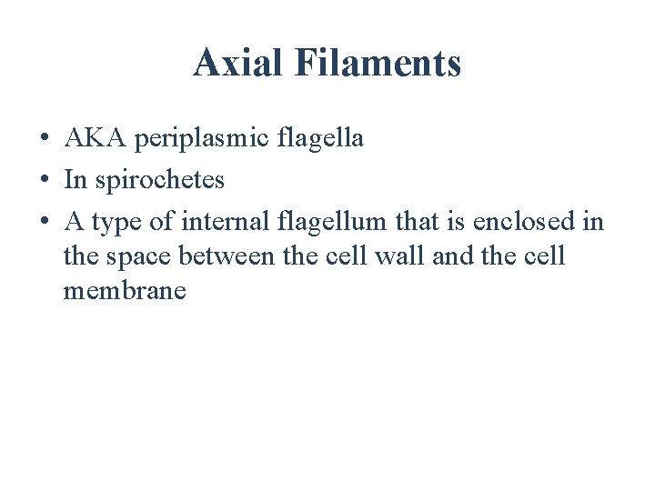 Axial Filaments • AKA periplasmic flagella • In spirochetes • A type of internal