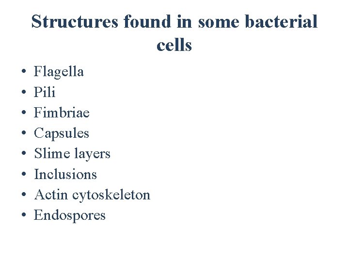 Structures found in some bacterial cells • • Flagella Pili Fimbriae Capsules Slime layers