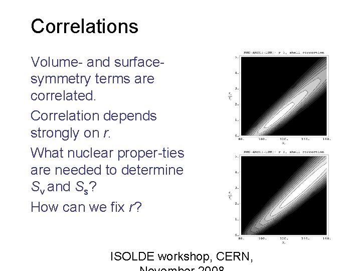 Correlations Volume- and surfacesymmetry terms are correlated. Correlation depends strongly on r. What nuclear