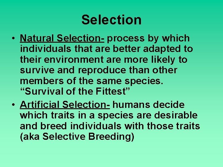 Selection • Natural Selection- process by which individuals that are better adapted to their