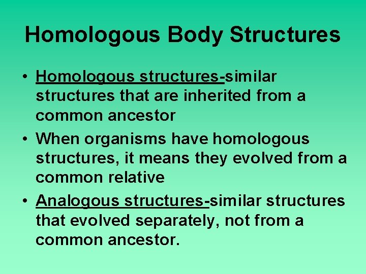 Homologous Body Structures • Homologous structures-similar structures that are inherited from a common ancestor