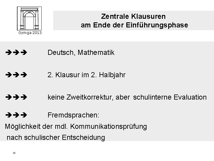 Zentrale Klausuren am Ende der Einführungsphase Gymga 2013 Deutsch, Mathematik 2. Klausur im 2.