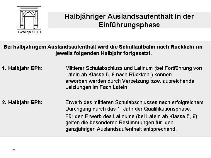 Halbjähriger Auslandsaufenthalt in der Einführungsphase Gymga 2013 Bei halbjährigem Auslandsaufenthalt wird die Schullaufbahn nach