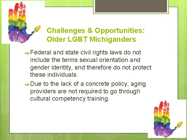 Challenges & Opportunities: Older LGBT Michiganders Federal and state civil rights laws do not