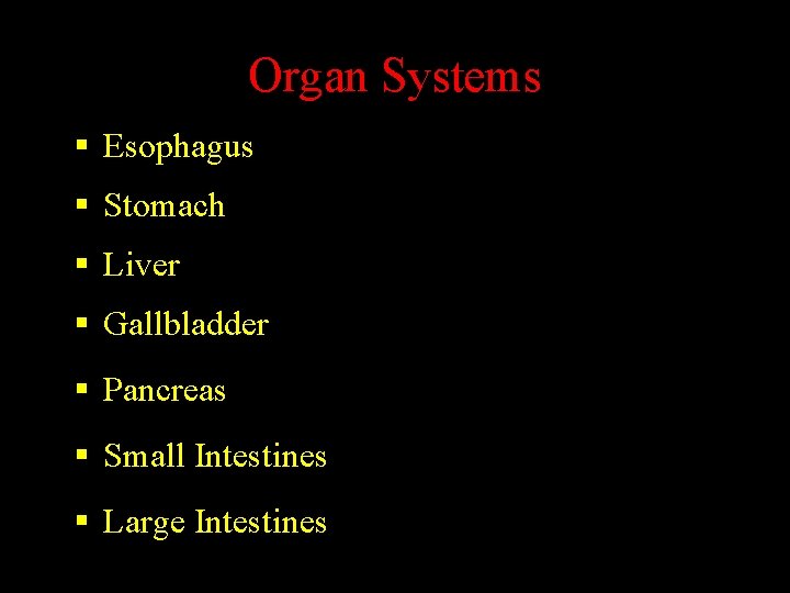Organ Systems § Esophagus § Stomach § Liver § Gallbladder § Pancreas § Small