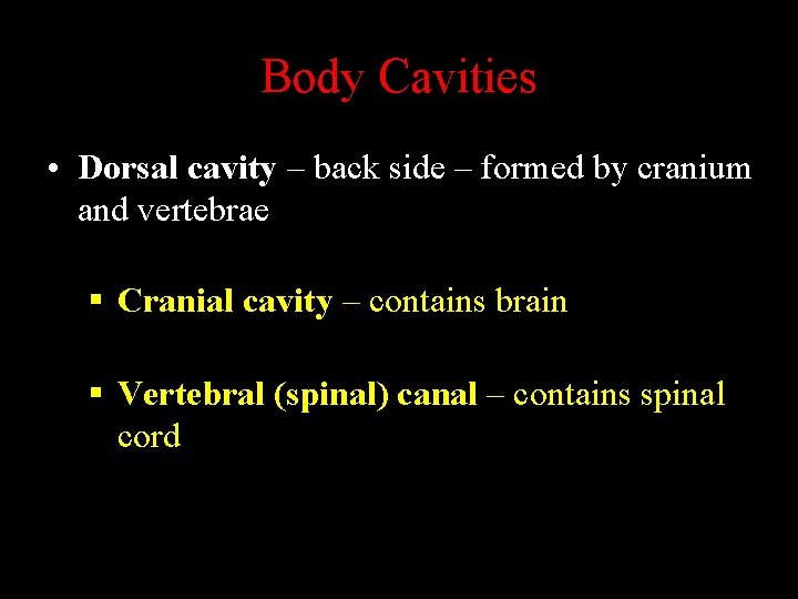 Body Cavities • Dorsal cavity – back side – formed by cranium and vertebrae