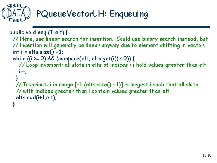 PQueue. Vector. LH: Enqueuing public void enq (T elt) { // Here, use linear