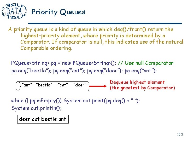 Priority Queues A priority queue is a kind of queue in which deq()/front() return