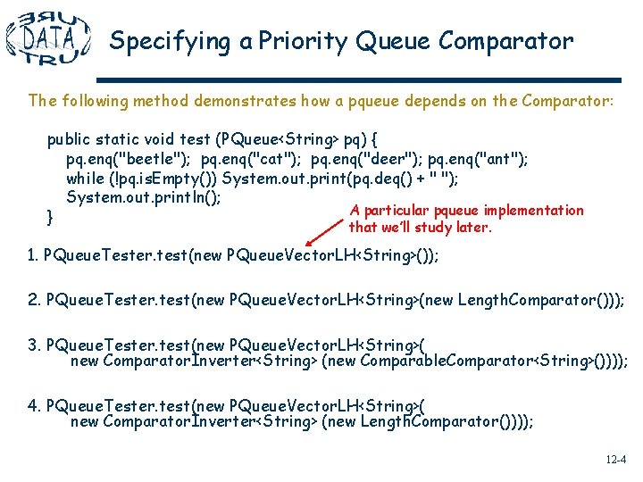 Specifying a Priority Queue Comparator The following method demonstrates how a pqueue depends on