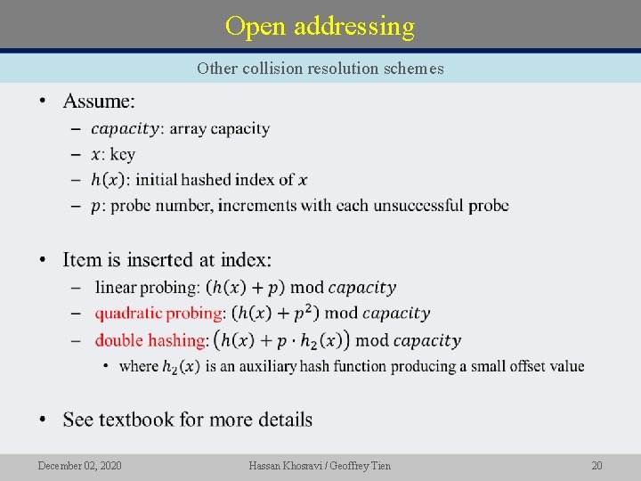 Open addressing Other collision resolution schemes • December 02, 2020 Hassan Khosravi / Geoffrey