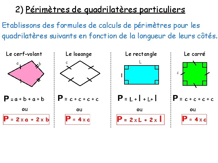 2) Périmètres de quadrilatères particuliers Etablissons des formules de calculs de périmètres pour les