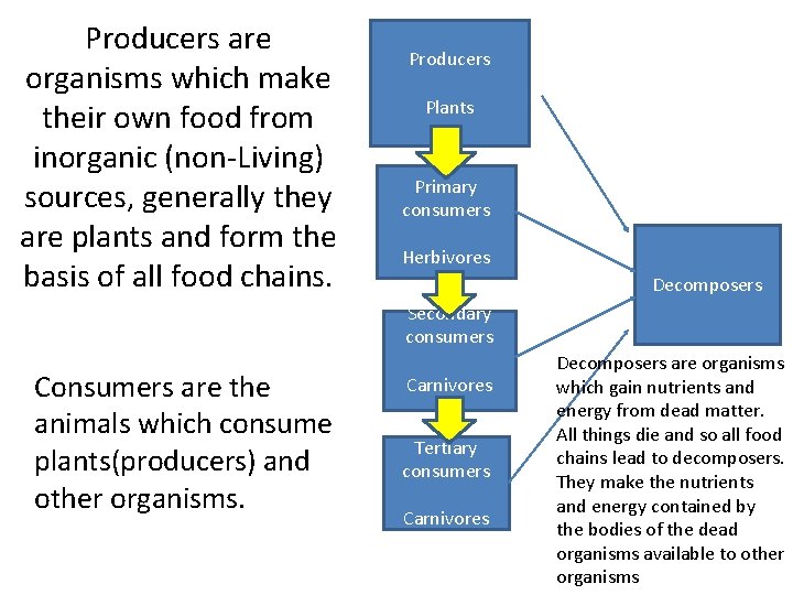 Producers are organisms which make their own food from inorganic (non-Living) sources, generally they